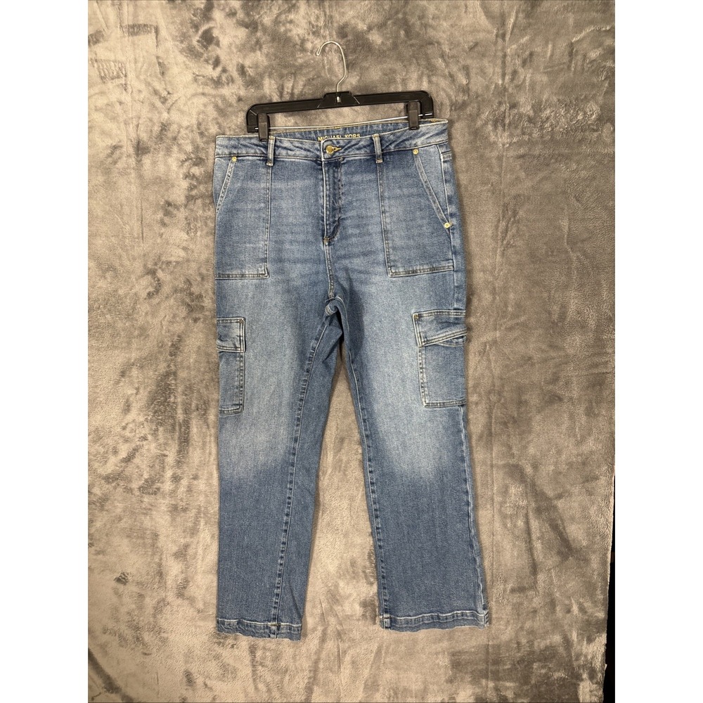 Michael Kors Womens Cargo Jeans Blue Medium Wash Straight Leg Utility Pants Sz12